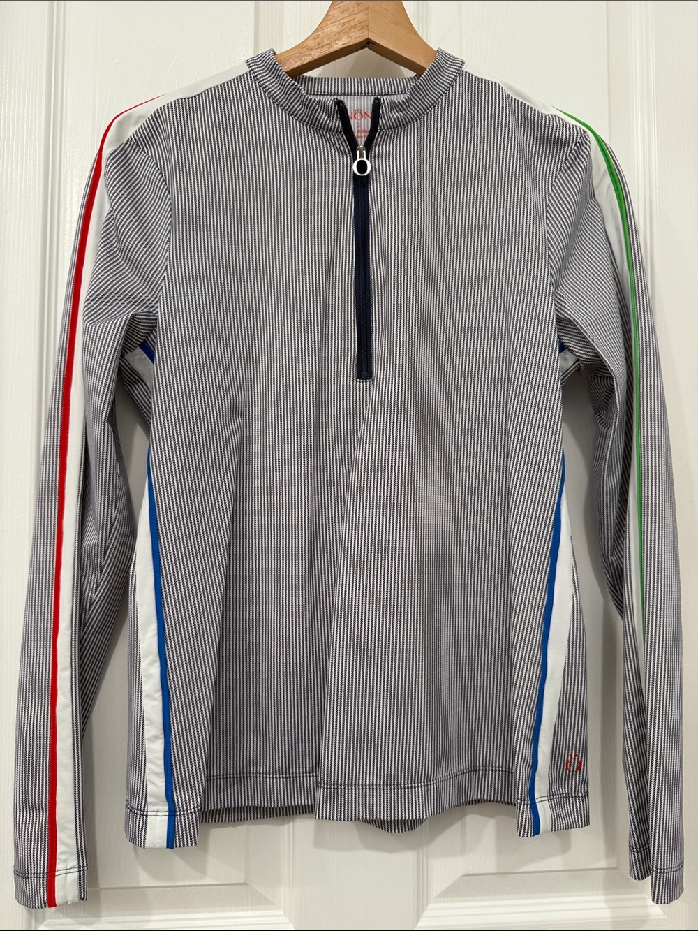 Kinona Gray Pinstripe Half-Zip Golf Top  with Red, Blue & Green Accents